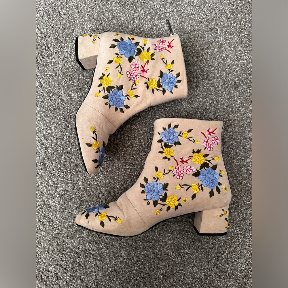 Topshop Beige Ankle Boots with Blue and Yellow Floral Embroidery